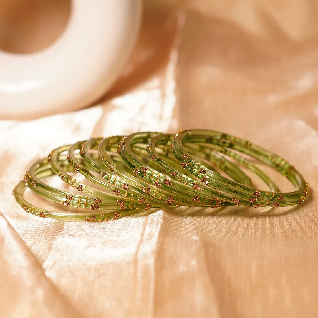 Glass Bangle with Beads Studded for Women & Girls (Pack of 12 Bangles) - The Golden Cascade